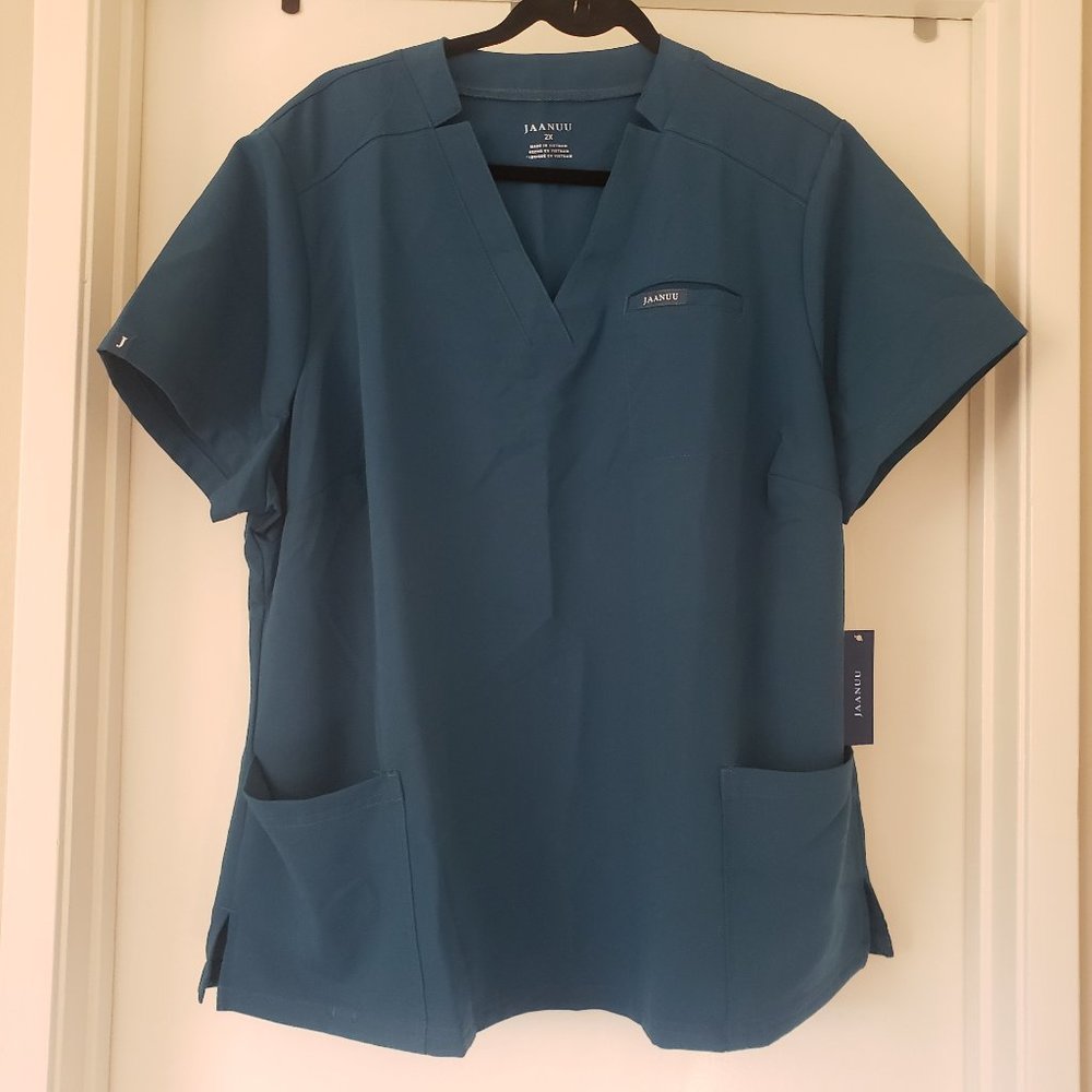 NEW JAANUU Women's Plus Size 2X Scrub Top Stretch Teal Short Sleeve Pockets CRBW